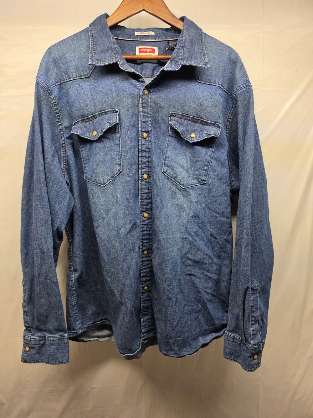Wrangler 3XL Denim Western Shirt Flex Snap Front Pearl Snap Blue Stretch